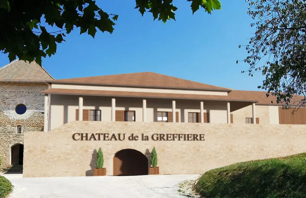 Modélisation 3D de l'extension d'un bâtiment viticole au Château de la Greffière, par un architecte spécialisé en construction durable.