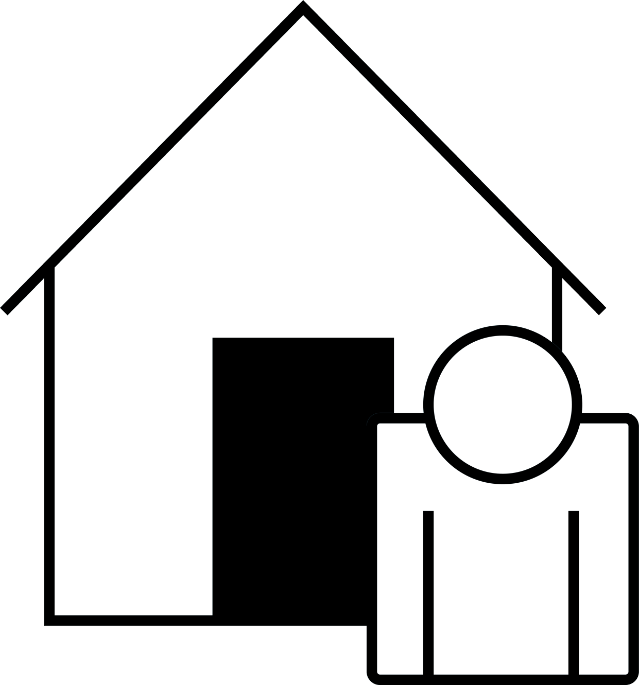 Pictogramme noir représentant le travail de visite conseil d'un architecte spécialisé en éco-rénovation.
